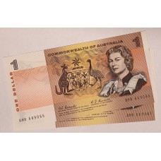 AUSTRALIA 1967 . ONE  1DOLLAR BANKNOTES . COOMBS/RANDALL . CONSECUTIVE PAIR